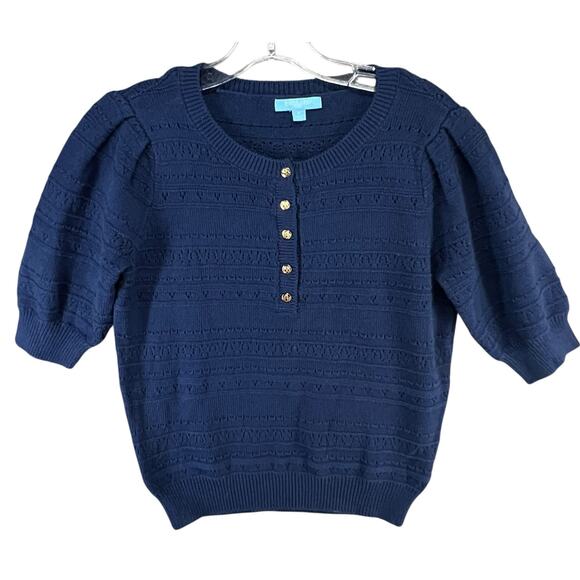 Draper James Annabelle Womens S Navy Blue Puff Sleeve Knitwear Preppy Coastal - Picture 2 of 14